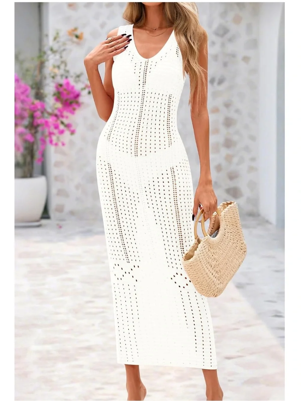 White Crochet Maxi Dress Swim Coverup Vacation Beach Bodycon Resortwear Boho L